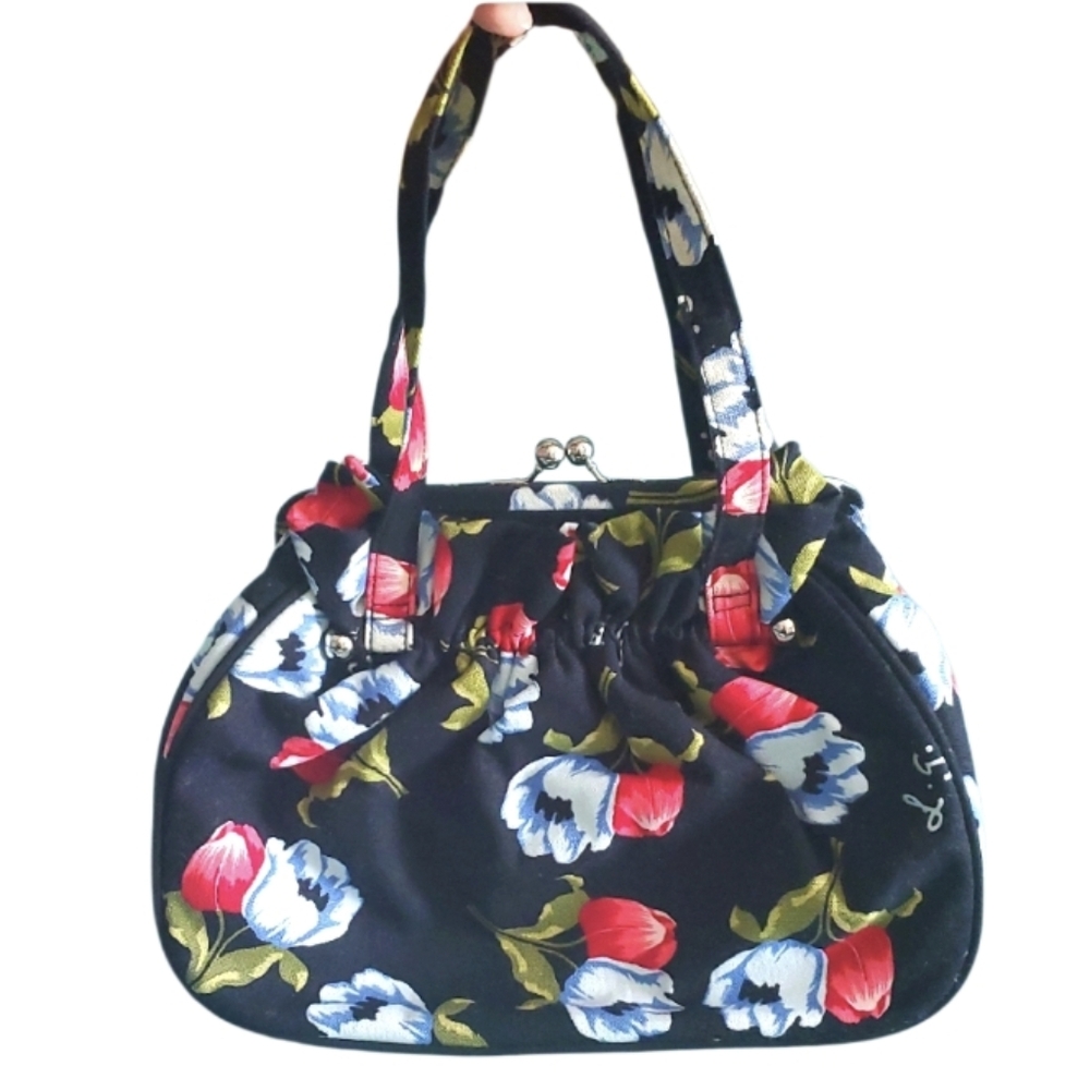 Lulu Guinness Vintage Black Floral Tulips Women's Bag + Dust Cover Size Medium